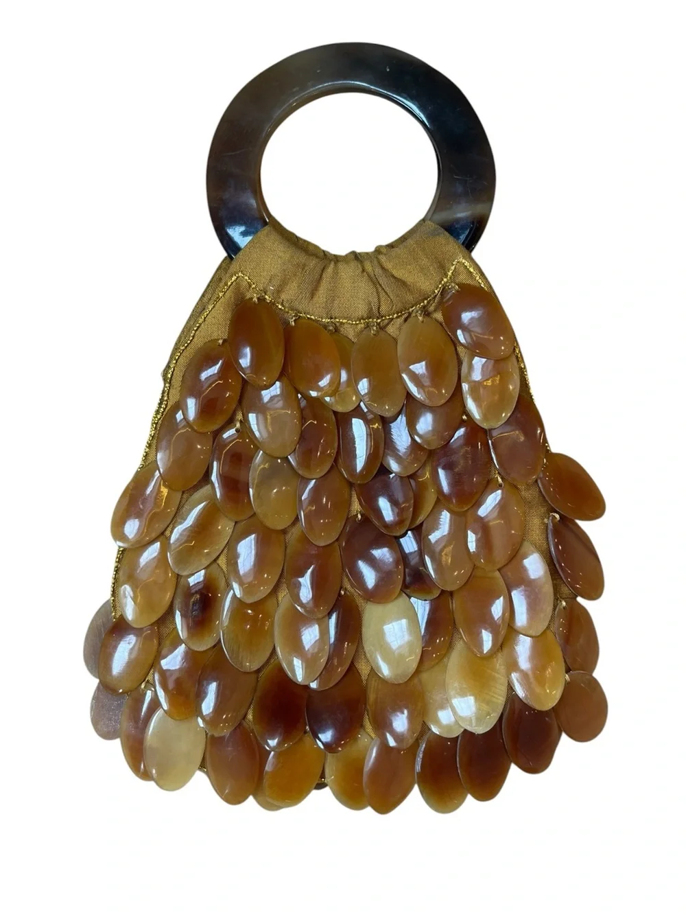 CHAN LUU Vintage Silk Beaded Shell Handbag in Amber Brown